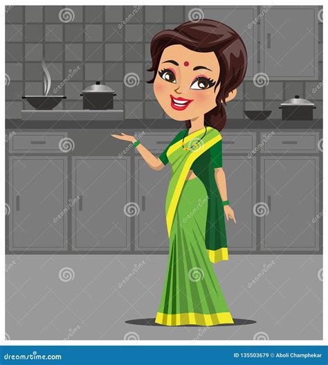 Indian Woman In Kitchen Making Food Wearing A Traditional Saree Outfit
