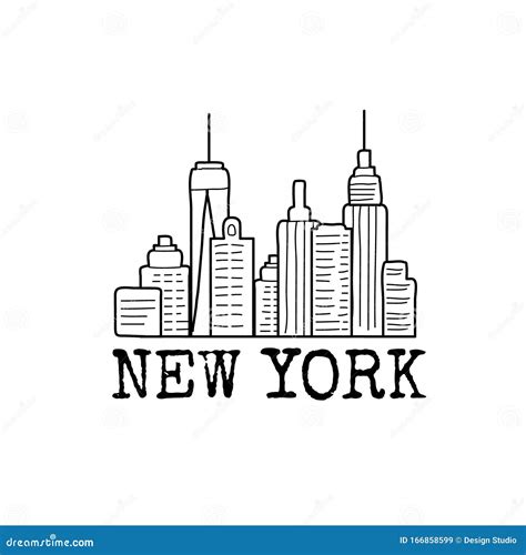 New York Skyline Cityscape Line Drawing Vector Sketch Illustration