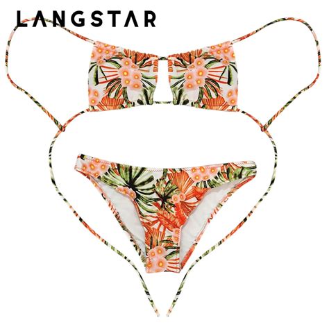 Langstar Bikini Swimwear Women Swimsuit Sexy Floral Tied Strap Backless Two Piece Swimwear