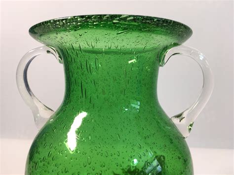Vintage Art Glass Vase Emerald Green Bubble Glass W Clear Handles And Base Hand Blown Glass