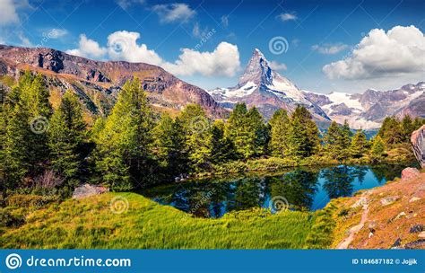 Bright Summer View Of The Grindjisee Lake Sunny Morning Scene With