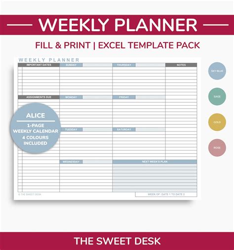 Editable Weekly Planner Excel Template Printable Weekly Etsy Canada