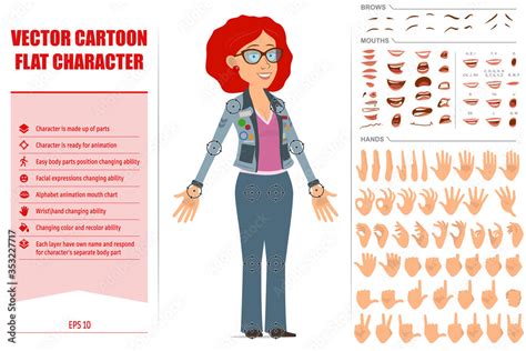 Vecteur Stock Cartoon Flat Redhead Hippie Woman Character In Glasses
