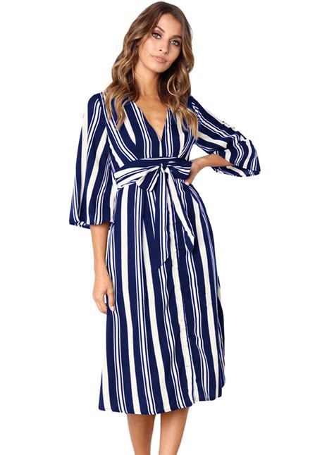 blue summer striped v neck half sleeve high waist midi dress with belt