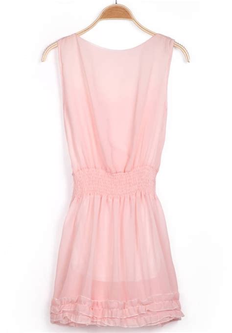 pink sleeveless lace bandeau pleated chiffon dress shein sheinside