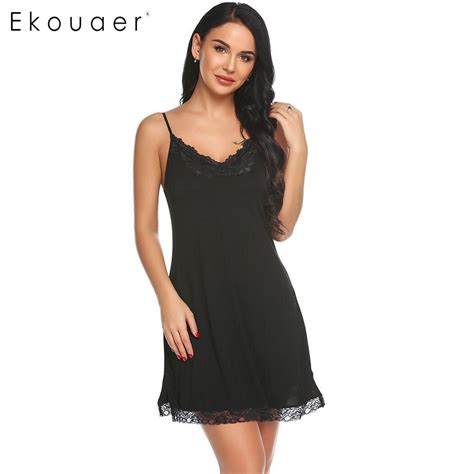 Ekouaer Sexy V Neck Lingerie Nightdress Women Sleepwear Dress Solid Sleeveless Lace Patchwork