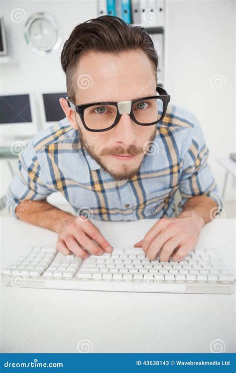 Nerdy Businessman Working On Computer Stock Image Image Of Business