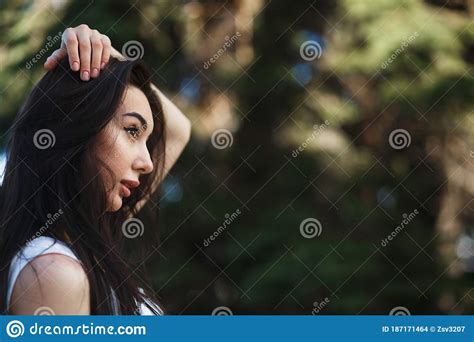 Closeup Caucasian Woman Side Face Portrait Outdoors