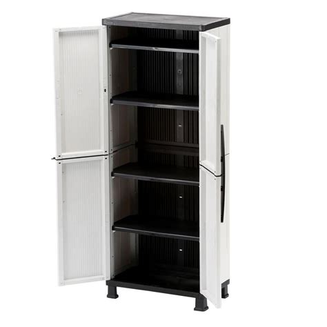 Plastic garage cabinets are an excellent option when you need a cost effective storage and organization system. HDX 27 in. W 4 Shelf Plastic Multi-Purpose Cabinet in Gray ...