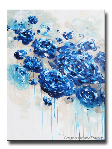 Original Art Abstract Navy Blue Floral Painting Flowers Contemporary