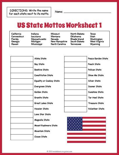 Free Us State Mottos Worksheet 1 History Worksheets Geography