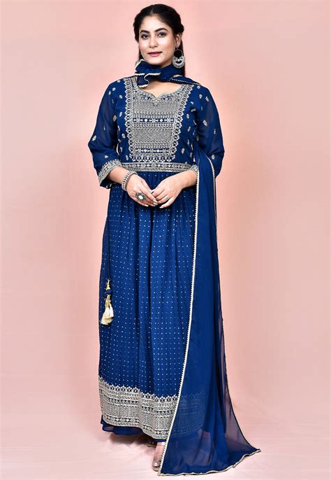 Embroidered Georgette Pakistani Suit In Navy Blue Ktlx736
