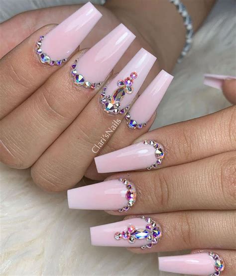 Cute Baby Pink Coffin Nails With Diamonds Nailscoffin Baby Pink