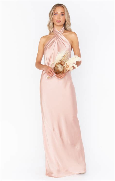 Show Me Your Mumu Jasmine Halter Maxi Dress Rose Gold Luxe Satin