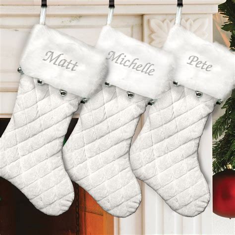 Embroidered Ivory Quilted Stocking With Bells Velvet Christmas