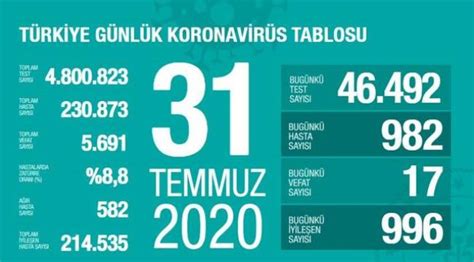 Toplamda 61 milyon 12 bin 512 test yapıldı. 31 TEMMUZ 2020 TÜRKİYE KORONA TABLOSU - Sağlık - Aliağa ...