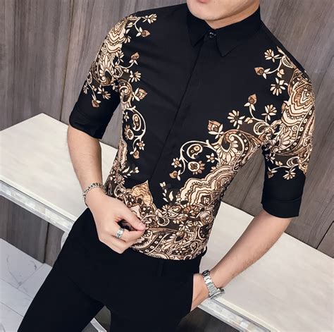 Luxury Gold Black Shirt Men Short Sleeve Slim Fit Casual Shirt Party