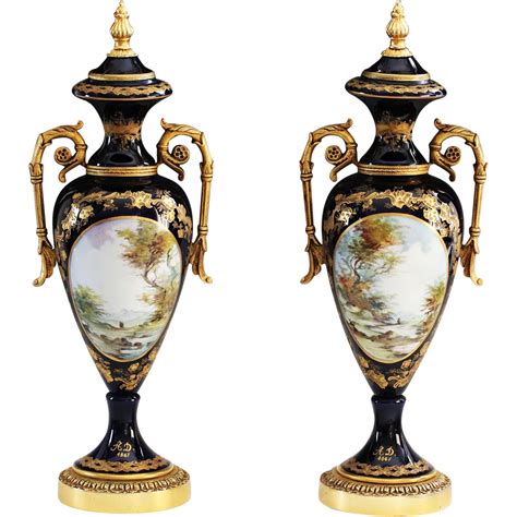 Pair Of Antique 19th C French Sevres Cobalt Porcelain And Bronze Urn