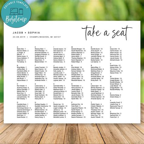 Editable Minimalist Wedding Seating Chart Instant Download Bobotemp