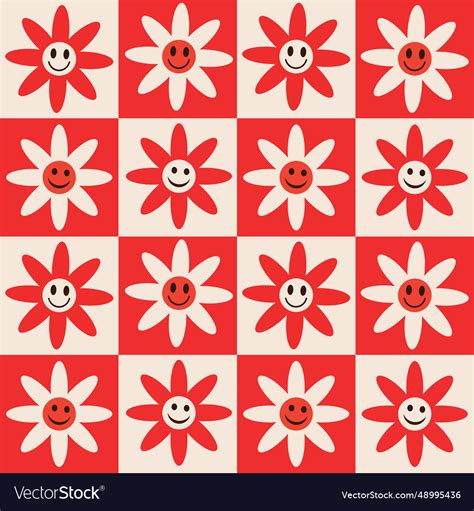 Checkered Retro Smiley Flowers Seamless Pattern Vector Image