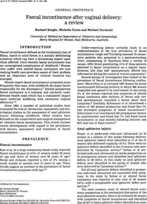 Faecal Incontinence After Vaginal Delivery A Review Knight 2001 Australian And New