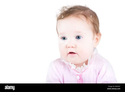 Adorable Baby Girl With Big Blue Eyes Isolated On White Stock Photo