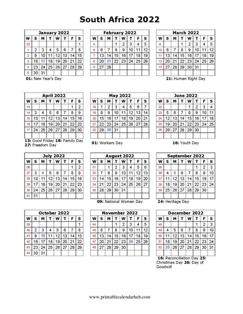 Printable 2022 South Africa Calendar With Holidays Printable Calendar Hub