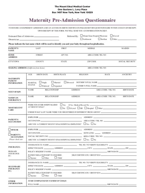 Maternity Pre Admission Questionnaire Fill Out And Sign Printable Pdf