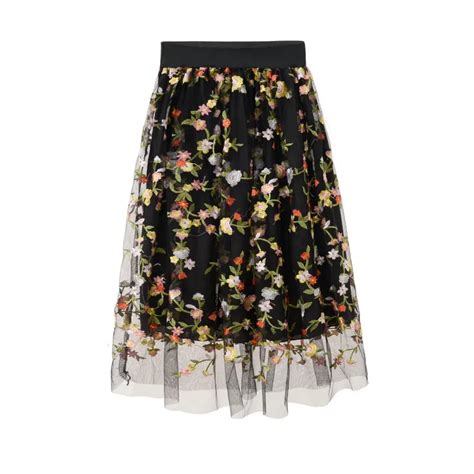 Skirts Spring And Summer New Flowers Embroidery Net Yarn Pleated