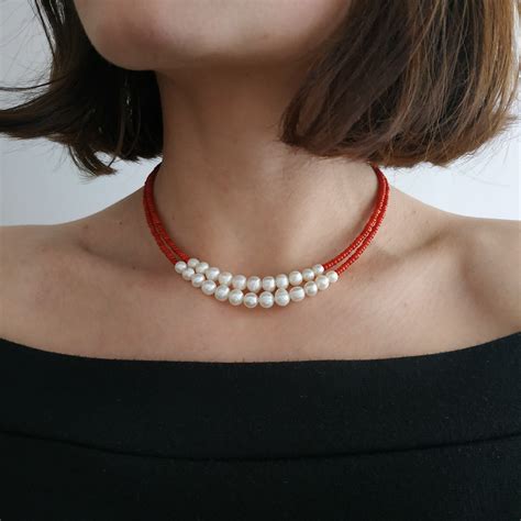 Coral And Pearl Necklace Vintage Jewelry Style Genuine Pearl Etsy
