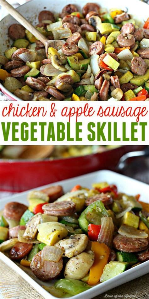 Use a potato masher to crush some of the squash. Chicken and Apple Sausage Vegetable Skillet - Belle of the Kitchen | Recipe | Chicken sausage ...