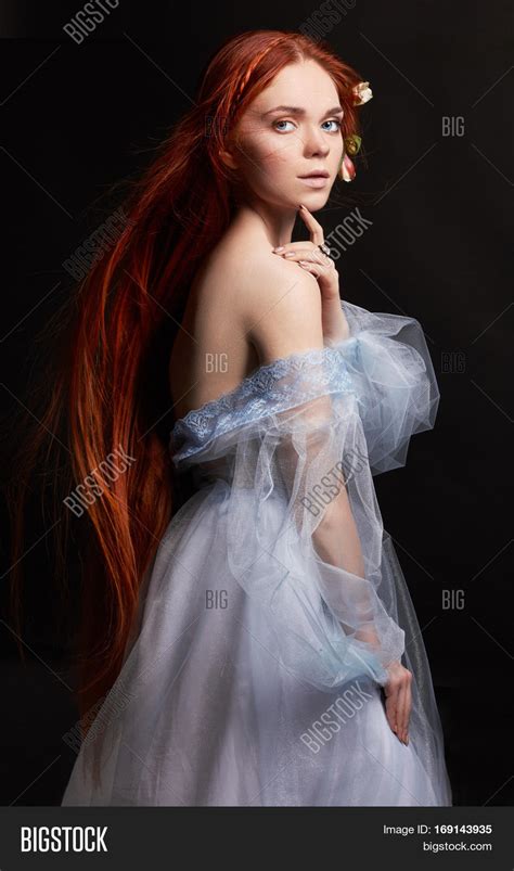 Sexy Beautiful Redhead Girl With Long Hair In Dress Cotton