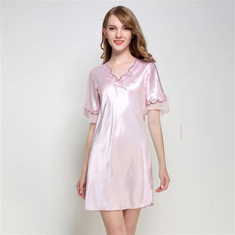 Women Silk Satin Nightgown Short Sleeve Sleepshirt V Neck Night Shirt