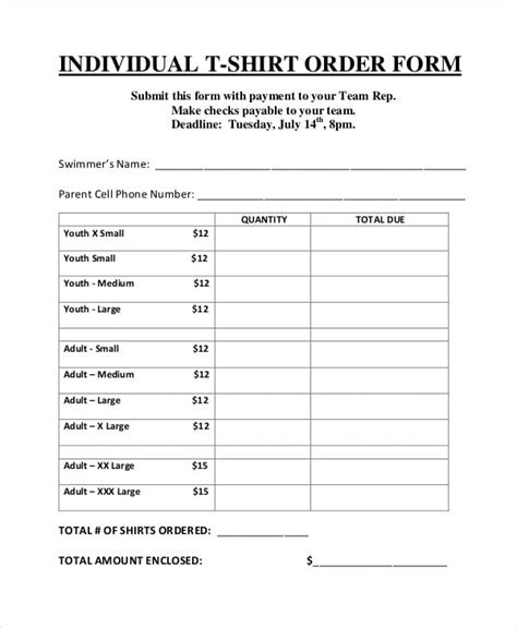 T Shirt Order Forms Free Sample Example Format Download