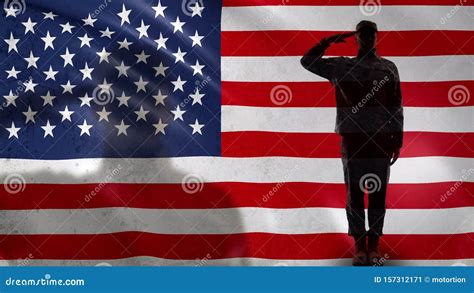 American Soldier Silhouette Saluting Against National Flag Military