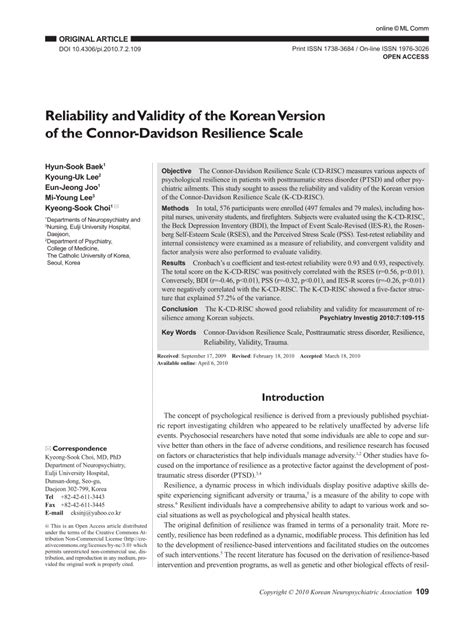 Pdf Reliability And Validity Of The Korean Version Of The Connor