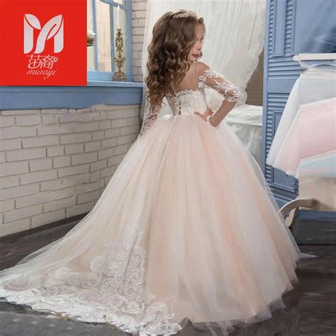 buy 2017 new champagne puffy lace flower girl dress for weddings long sleeves
