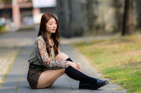 Photos Knee Highs Brown Haired Bokeh Blouse Female Legs Asian Sit
