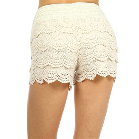 Cream Ruffle Lace Layers Scalloped Edge Shorts With Elastic Waist Band