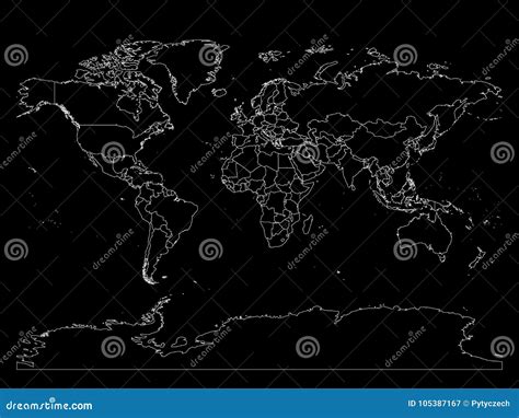 World Map With Country Borders Thin Black Outline On White Background