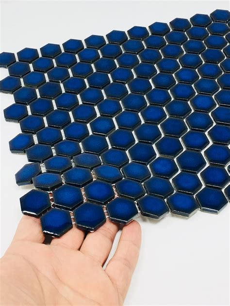 Hexagon Cobalt Blue Porcelain Mosaic Tile Glossy Look 1 Inch Box Of