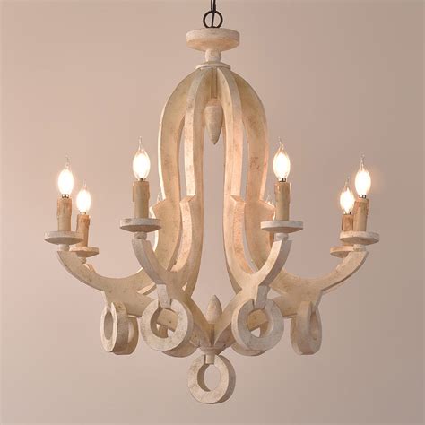 Distressed white finish enhances its cottage chic style and makes it goes well with different home style. Distressed White Wooden Chandelier with Candle Shaped ...