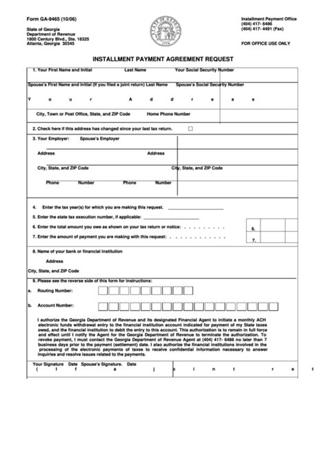 Form Ga 9465 Installment Payment Agreement Request Printable Pdf Download