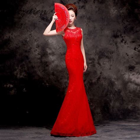 2018 Red Cheongsam Long Qipao Dresses Modern Chinese Wedding Dress