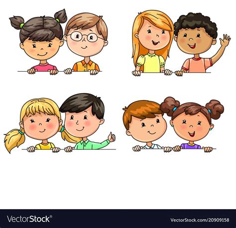 Bright Funny Children In Pairs Different Nationalities Holding Banner