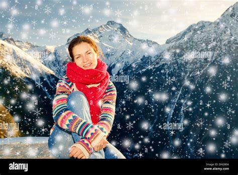 Attractive Girl In Snowy Winter Alps Stock Photo Alamy