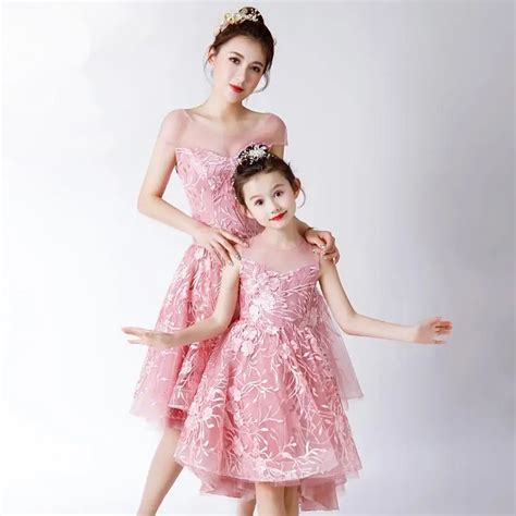 Mother Daughter Lace Dresses Pink Mommy Girl Matching Twinning Party