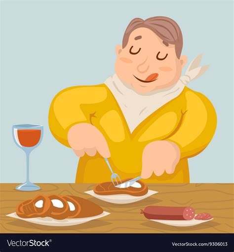 Cartoon Fat Man Eat Grilled Meat Sausage Character