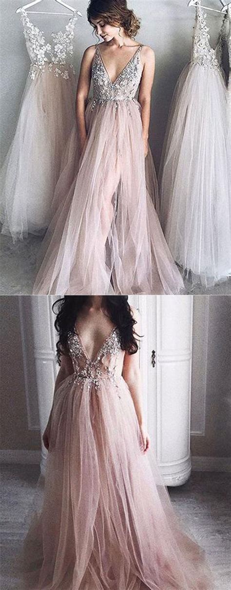Beautiful V Neck Blush Pink Lace Tull Long Evening Gown With Straps Prom Dresses Applique