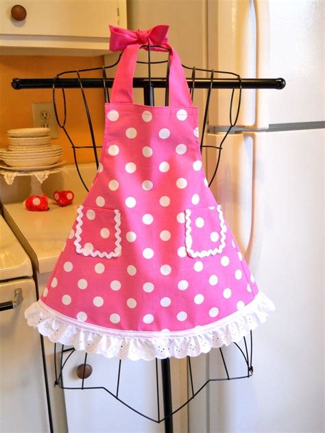 Handmade Little Girls Retro Full Apron In Pink With Polka Dots By The